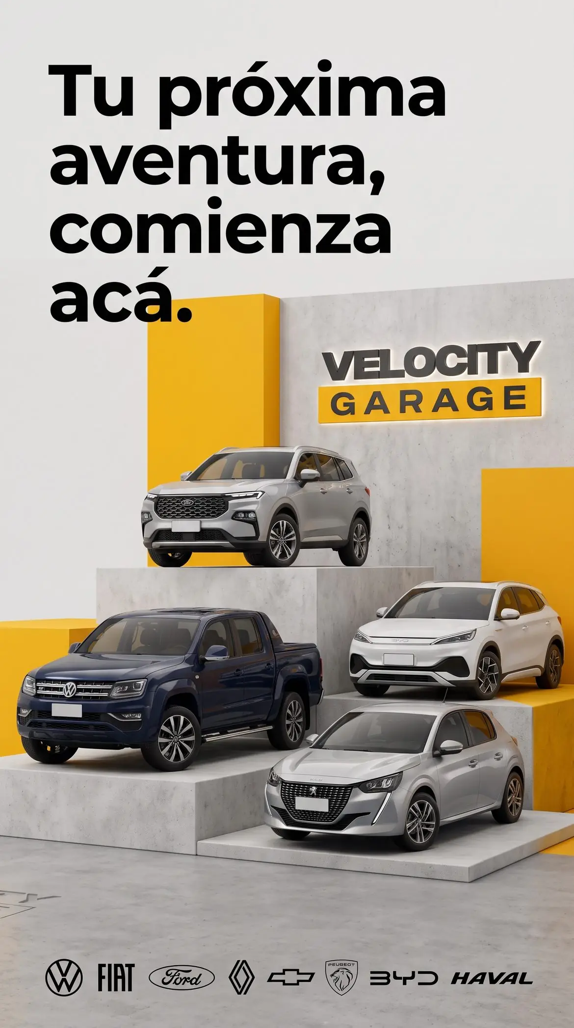 Velocity Garage. Tu próxima aventura comienza acá. Vehículos usados y 0 km de Volkswagen, Fiat, Ford, Renault, Chevrolet, Peugeot, BYD y Haval.